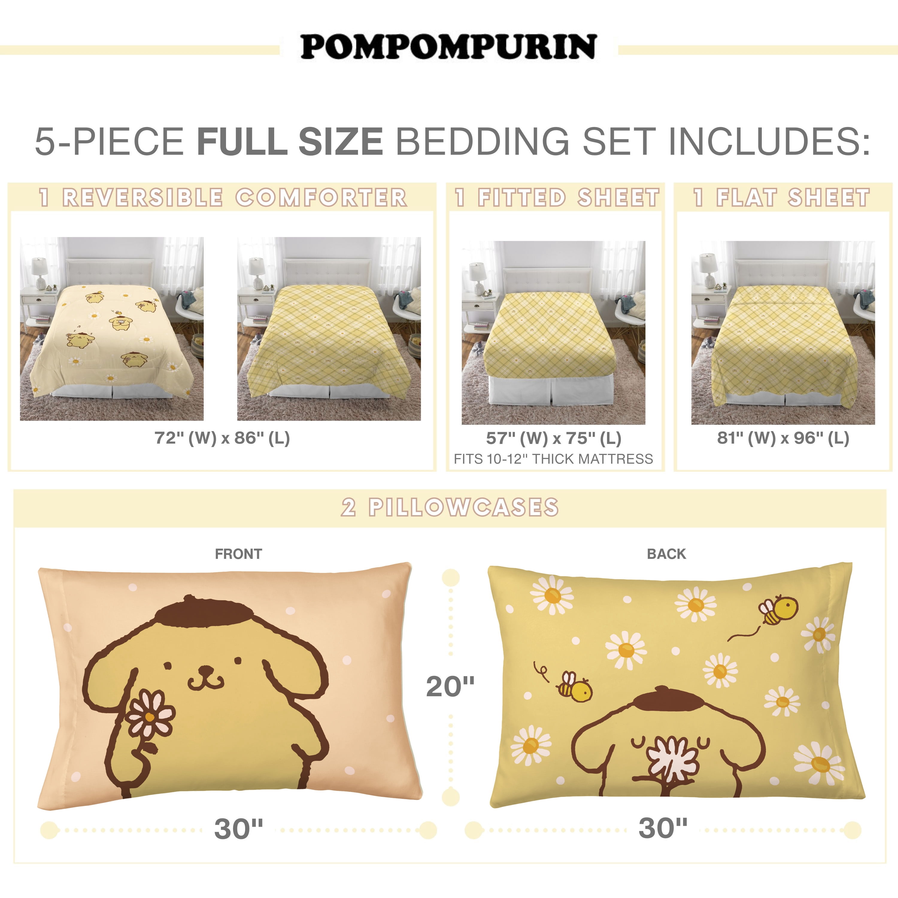 Pompompurin 5 Piece Yellow Gingham Print Reversible Comforter, Pillowcase, and Sheet Set, Full, Sanrio