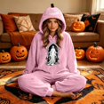 thumbnail image 5 of Matching Halloween Pumpkin Onesie Costume for Adults, Flannel Hooded Pumpkin Pajamas with Spooky Ghost Print, Halloween Pajamas for Couple, Cozy Oversized Fit Jumpsuit for Halloween Costume Party, 5 of 8