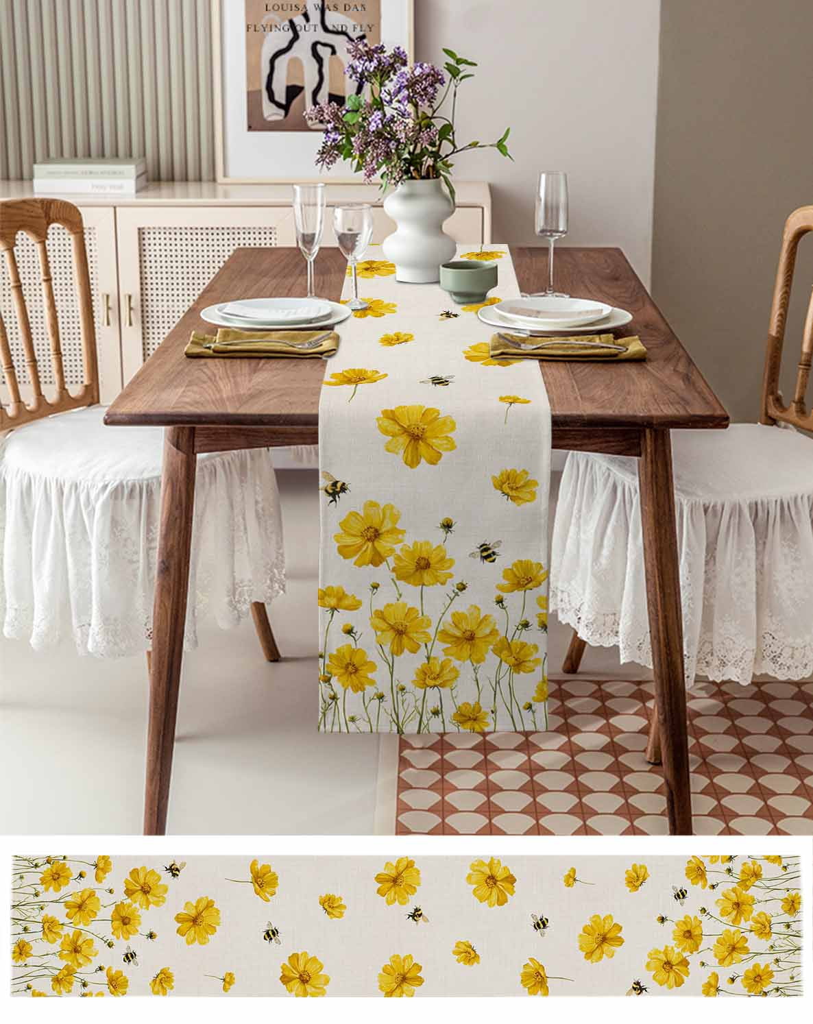 nqOlkjepod Yellow Floral Bee Table Runner 90 Inches Long Farmhouse Dress Scarves, Summer Watercolor Botanical Flower Dining Tablerunner for Coffee Table/Kitchen Island/Party Décor, 13" x 90"