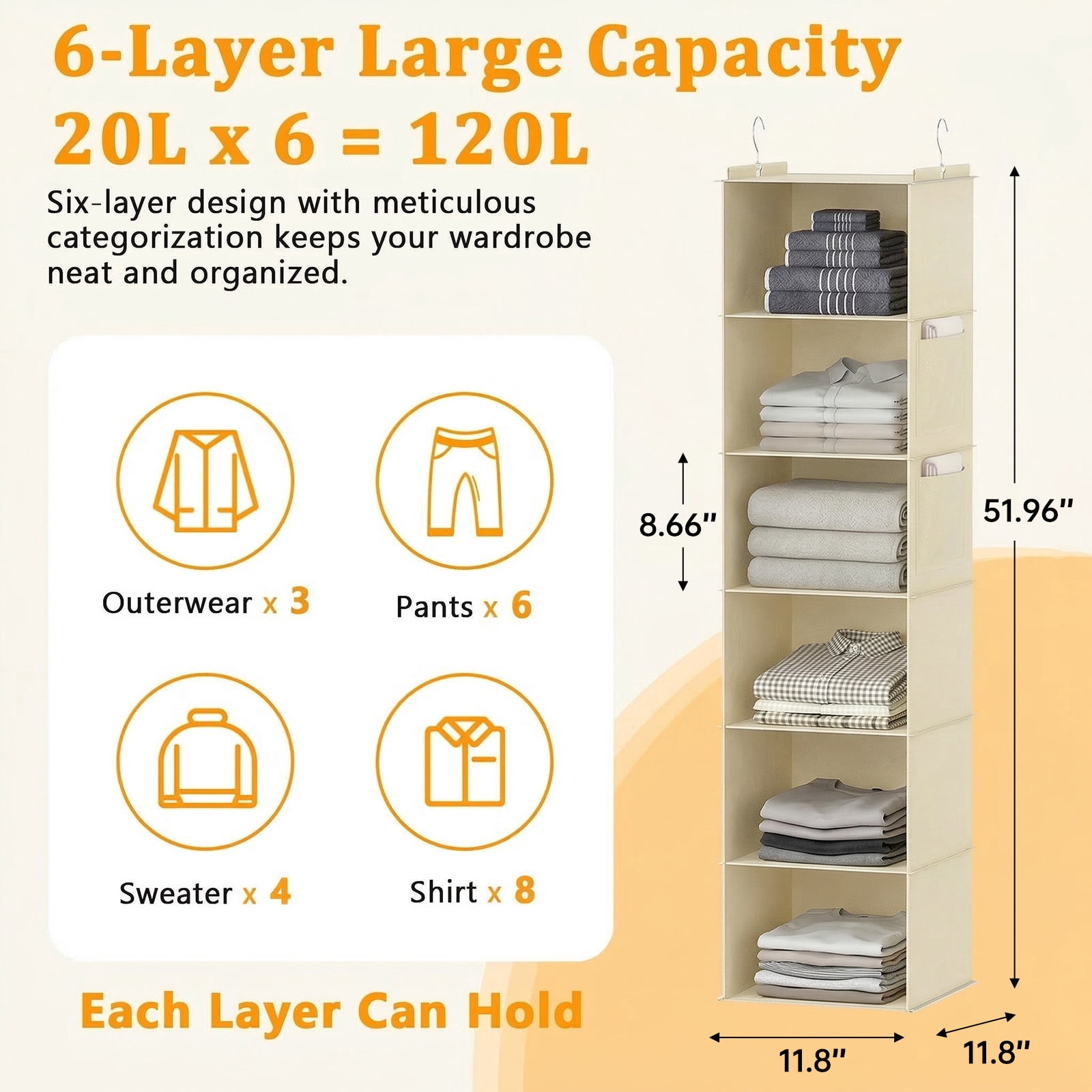 Closet Hanging Storage Shelves, 6-Shelf Hanging Closet Organizer with Bamboo Inserts, Foldable Closet Organizers and Storage for Bedroom,Sturdy Hook Closet Storage W/ 2 Side Pockets,Gray