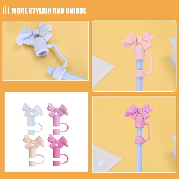 OFFIGAM 4-Pack Reusable Silicone Straw Toppers for Adults, Bow Drink Covers, Protective Accessories to Keep Straws Clean and Safe