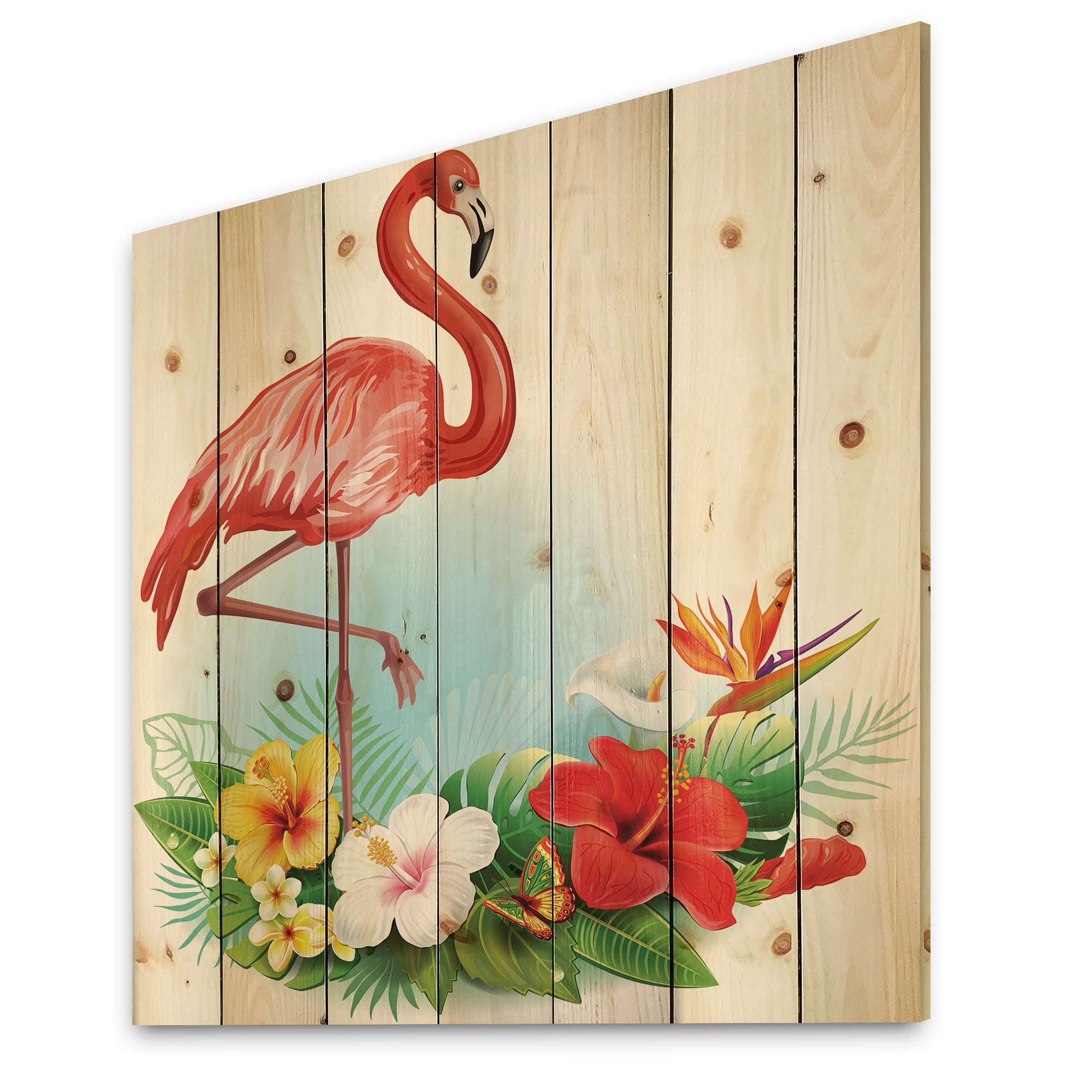 Designart 'Arrangement with Flamingo and Tropical Flowers' Traditional Print on Natural Pine Wood