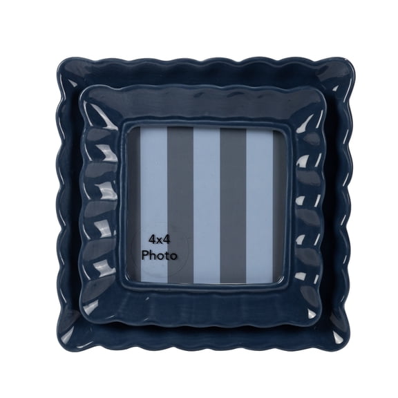 Sterling & Noble Home – 4x4 Picture Frame – Double Ruffle Dark Blue Ceramic Tabletop Photo Frame
