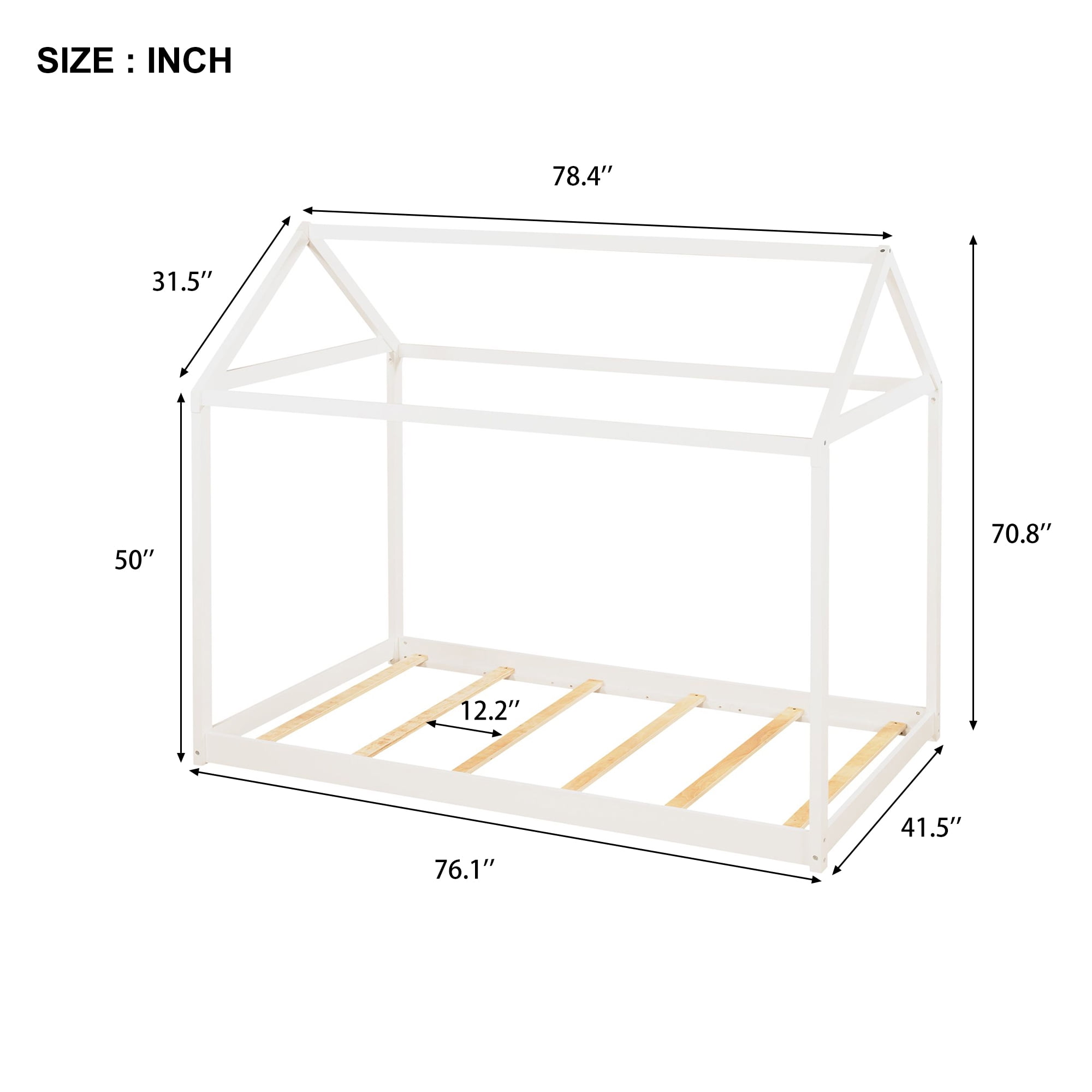 Gewnee Wood Twin Size Kids House Bed Frame,Montessori Floor Bed for Toddler,White