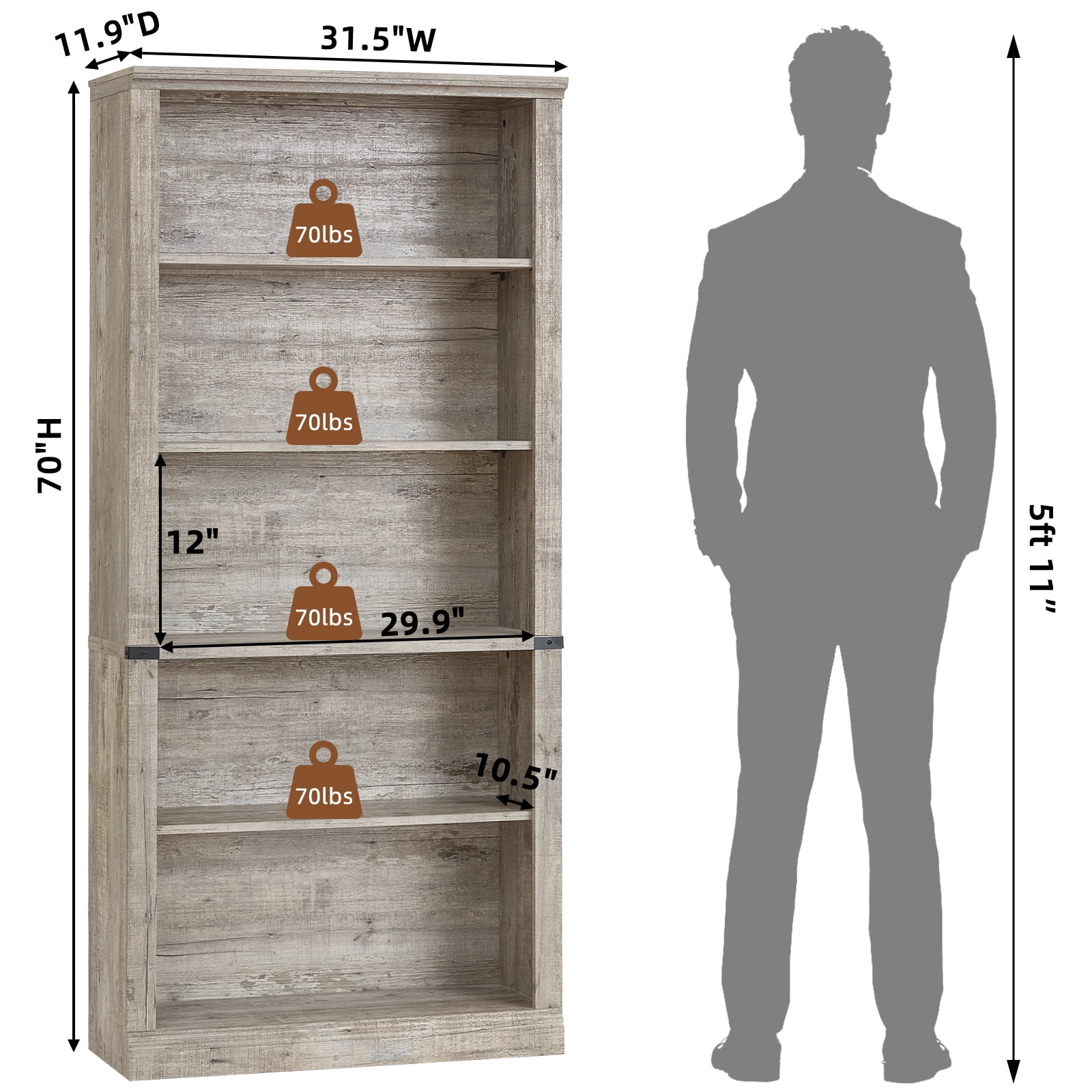 Buildhom 2pc 70" Tall Farmhouse Bookshelf, 5-Tier Solid Wood Bookcase with Adjustable Shelves for Living Room & Office, Grey