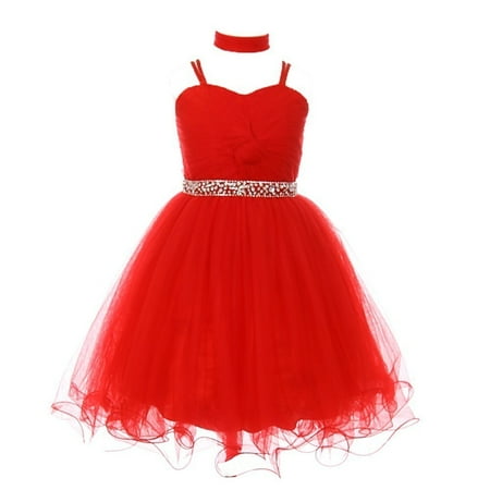 - Girls Red Rhinestone Beaded Wired Tulle Mesh Junior Bridesmaid Dress 8-16