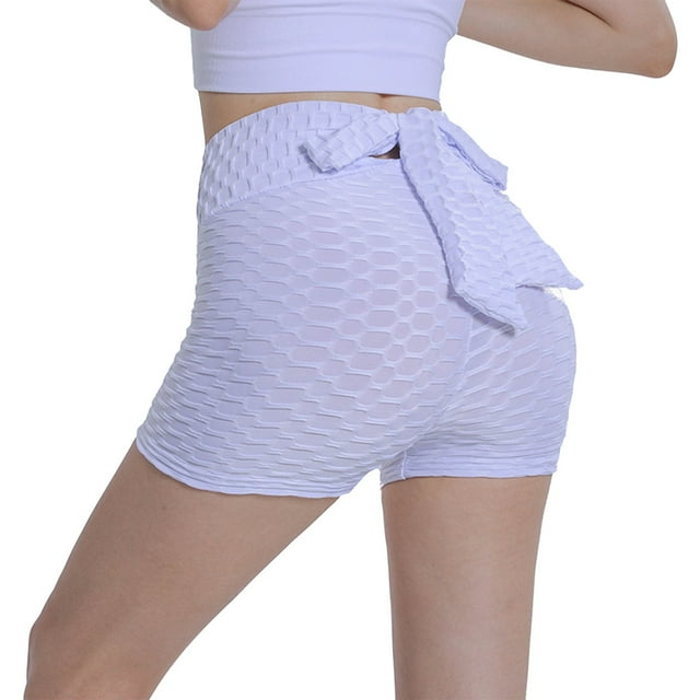 Gibobby Shorts Deportivo Ladies New Summer Honeycomb Fabric Bow Tie Belt Peach Hip Tight Waist High Hip Movement Yoga Shorts(Blanco, XXL)