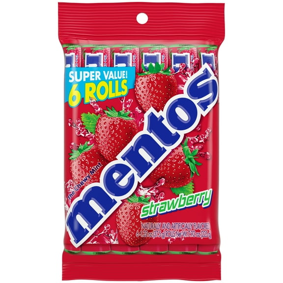 Mentos Chewy Mint Candy Roll, Strawberry, Nut Free, Regular Size, 1.32 oz, 6 Count