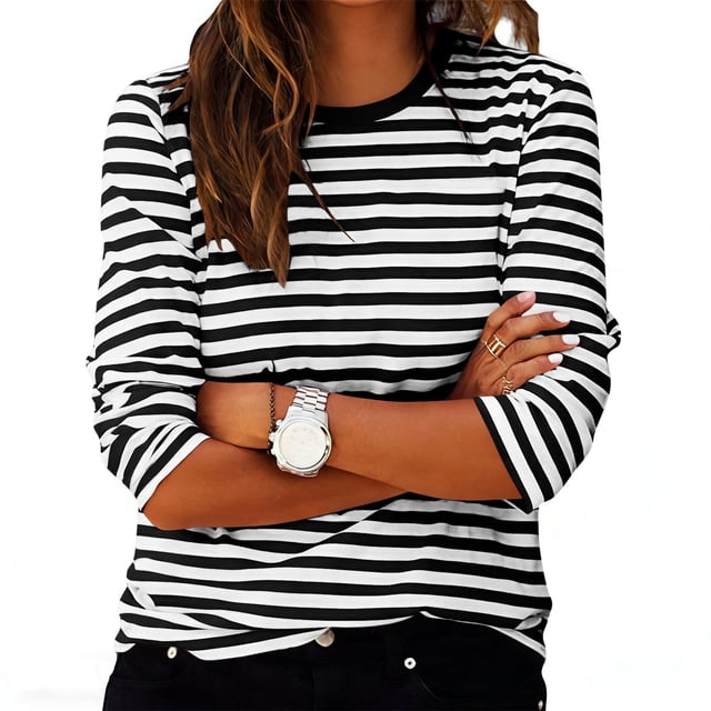 TaTaai Stripe Print Blouse Soft Breathable Women's Fashion Casual 3/4 Sleeve Round Neck Pullover Spring Summer Daily Versatile Top Gift
