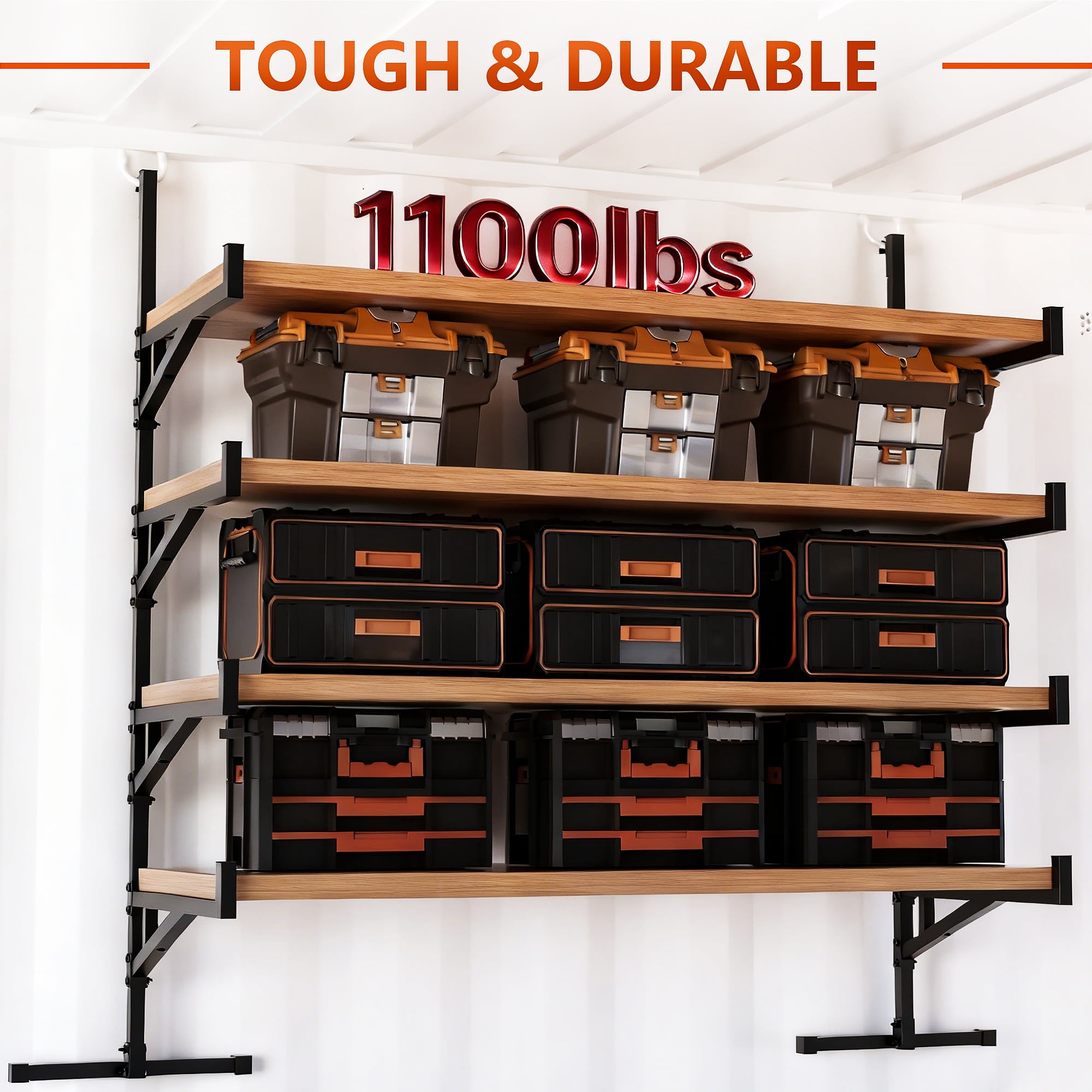 GIOTORENT Heavy Duty Shipping Container Shelving, 4-Tier Wall Mounted Rack, 4 Pack, 1100 lb Capacity, Black