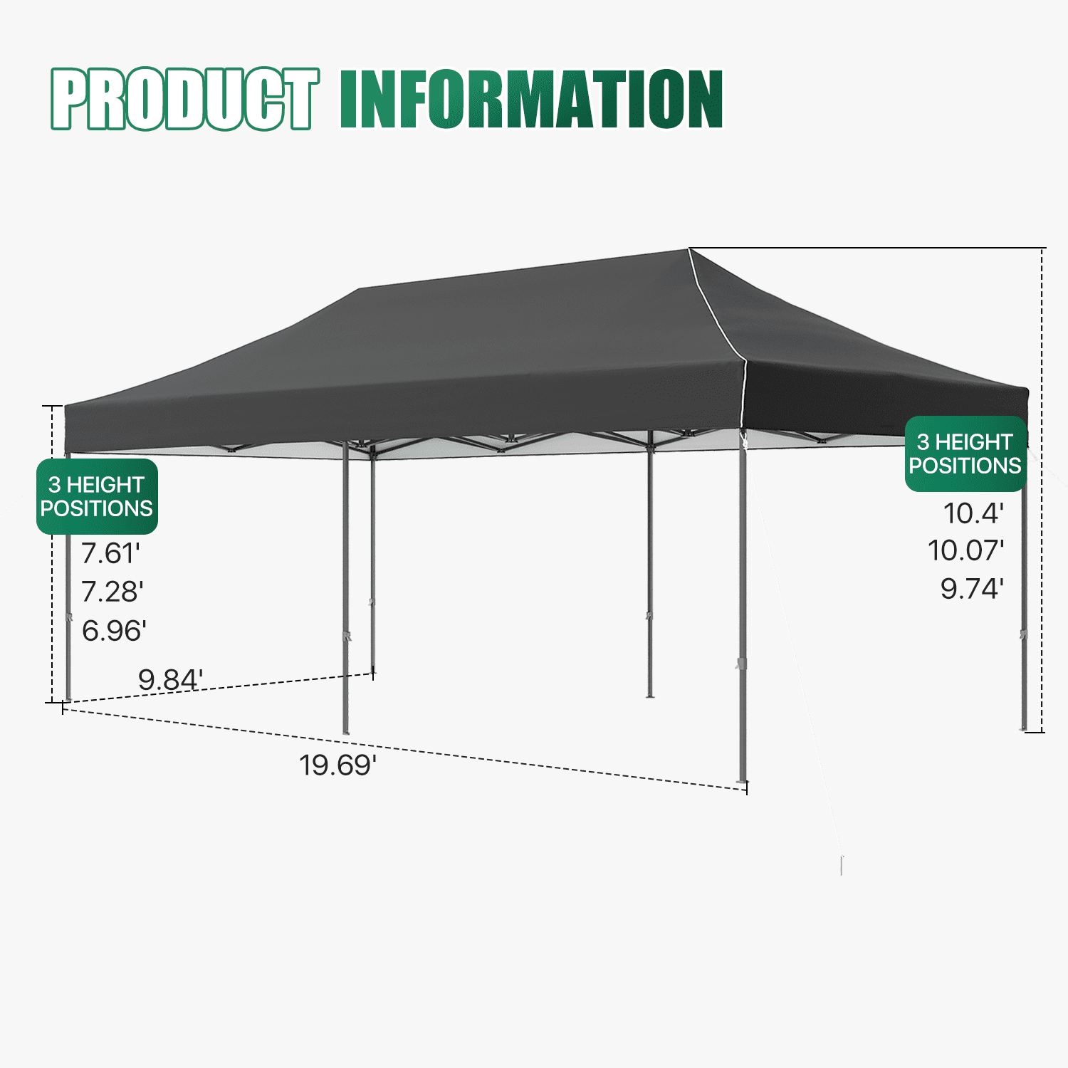 Dateyes 10x20FT Pop Up Canopy, Outdoor Canopy Tent with Carry Bag, Easy Setup Portable Instant Canopy with 4 Sandbags and 12 Stakes for Outdoor Events, Commercial, Beach, Backyard, Lawn, Dark Gray