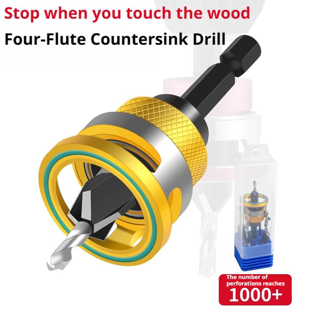Countersink Drill Bit Set with Adjustable Depth Stop, 4 Pcs Carbon Steel Tapered Bits (2.8/3.2/3.5/4.0mm) with 1/4" Hex Shank,  for Precise Woodworking, Plywood, MDF and DIY Projects