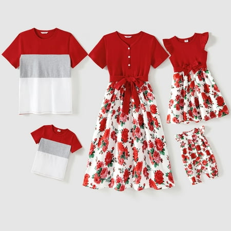 

PatPat Easter Family Matching 95% Cotton Short-sleeve Colorblock T-shirts and Floral Print Spliced Dresses