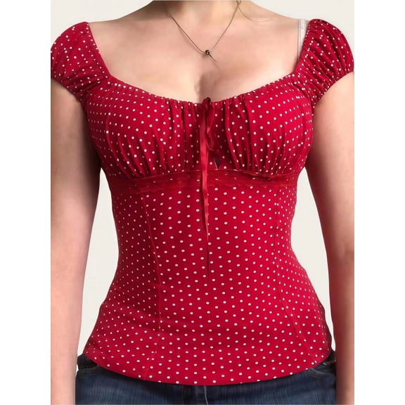 Women Y2K Polka Dot Milkmaid Blouse, Cap Sleeve Square Neck Lace Trim Ribbon Tie Front Top, Vintage Coquette Casual Shirt for Dating Streetwear & Going Out Outfits
