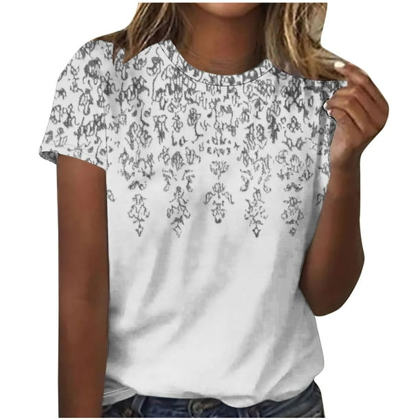 Camiseta de Cuello Redondo de Manga Corta Impresa de los Pantalones Cortos de las Mujeres, Poliéster de Lentejuelas de Partido de Moda