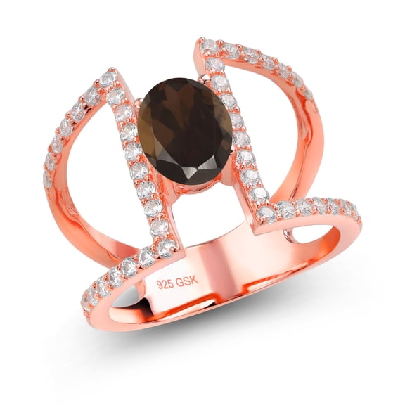 Gem Stone King 1.86 Ct Oval Brown Smoky Quartz 18K Rose Gold Plated Silver Ring (Size 6)