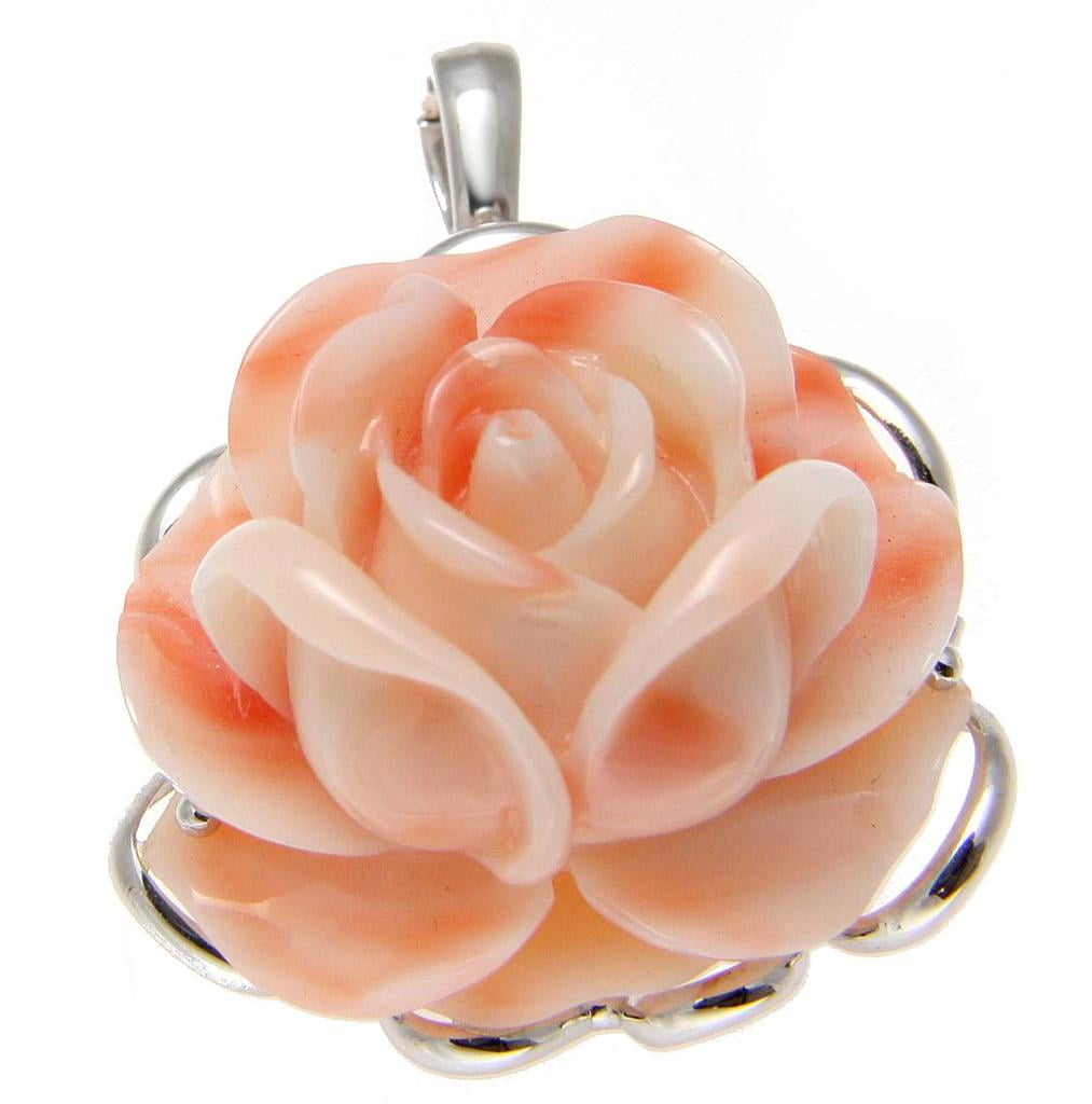 Genuine natural pink coral carved flower pendant enhancer solid 14k white gold by