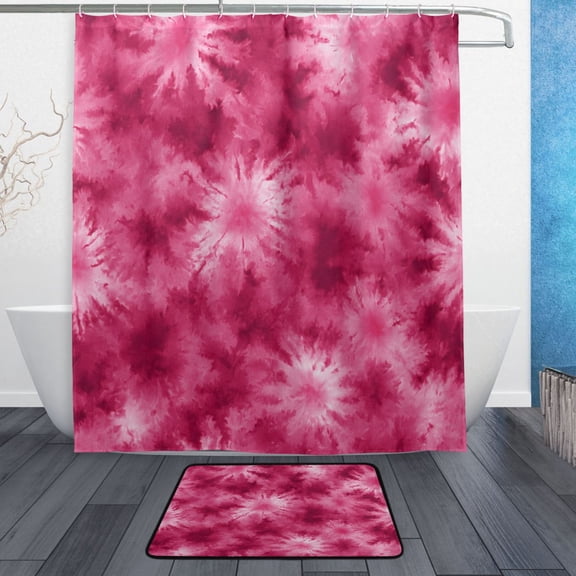 TTYFWHD 60" x 72" Shower Curtain and Bath Mat Set Rose Red Tie-dye Pattern Waterproof Bathroom Curtain with 12 Hooks, Bathroom Decor Set