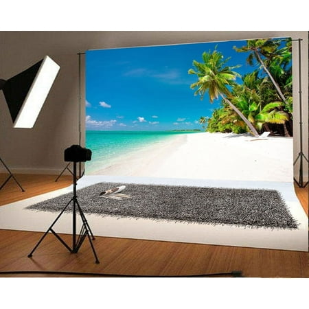 Image of HelloDecor 7x5ft Photography Background Sandy Beach Blue Ocean Summer Holiday Blue Sky Palm Trees Natural Scenery Backdrops Adults Children Photographic Shooting Video Studio Props