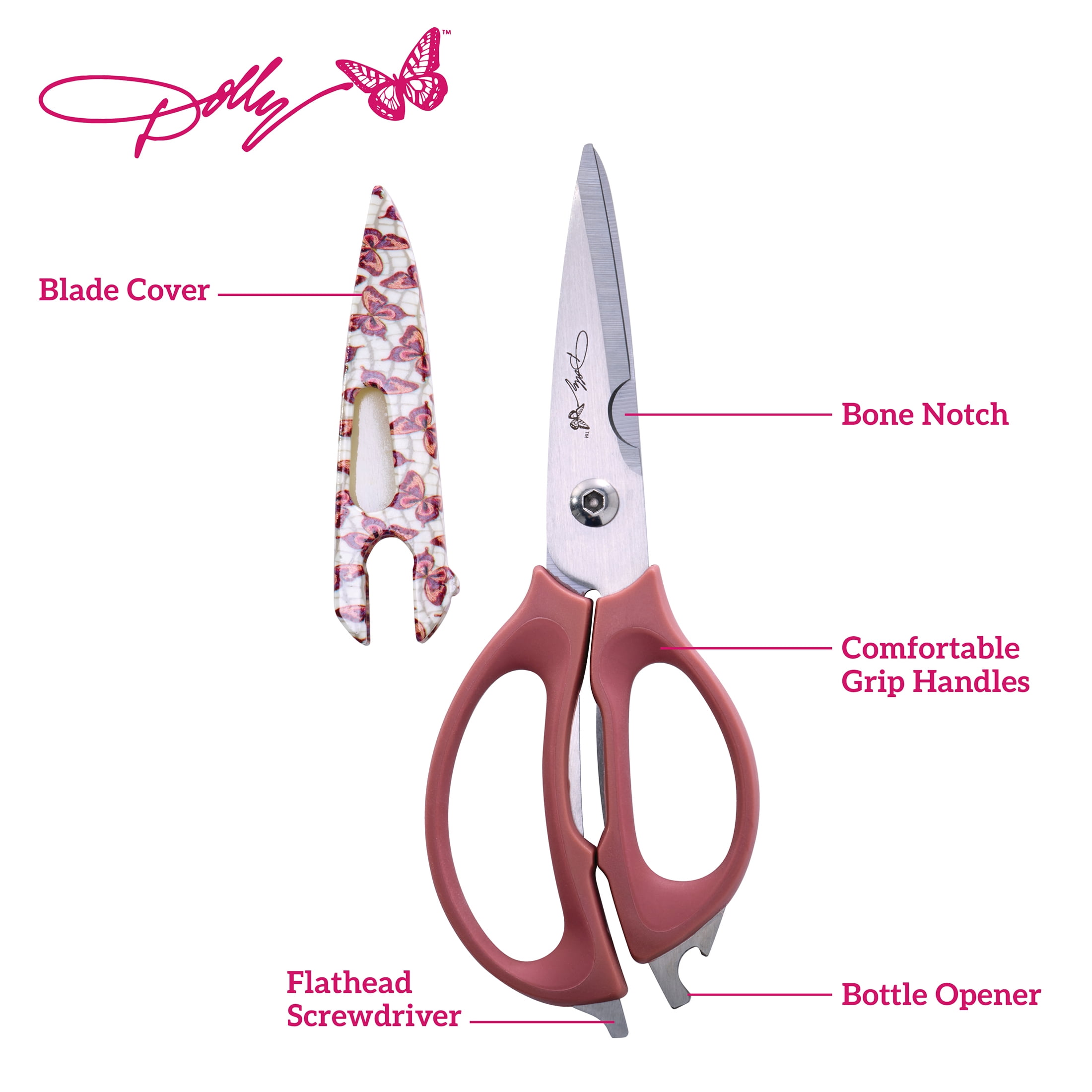 Dolly Parton 4-in-1 Kitchen Scissors with Pink Butterfly Pattern for Everyday Use