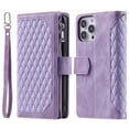 thumbnail image 2 of SaniMore for iPhone 14 Pro (6.1" 2022) Wallet Case with Wrist/Crossbody Lanyard, 3D Lattice PU Leather Flip Kickstand Zipper Purse & Card Slots Magnetic Clasp Shockproof TPU Shell Anti-drop - Purple, 2 of 9