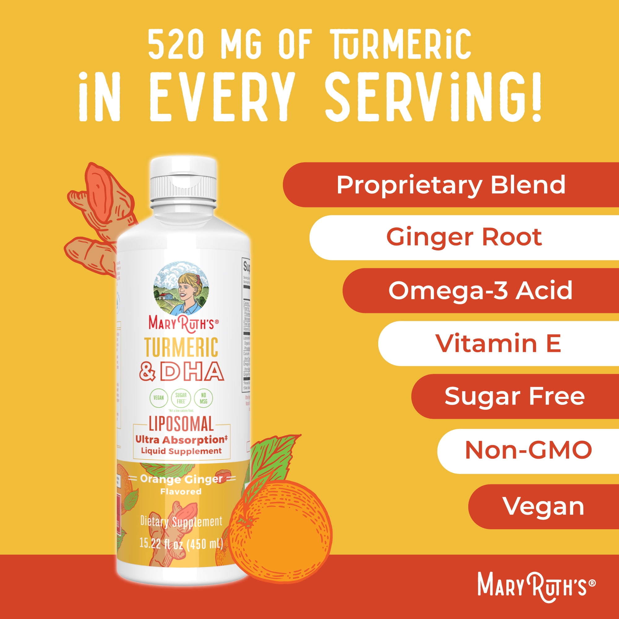 (2 pack) MaryRuth's Curcumin and DHA Liposomal Herbal Supplement Mood Balance Joint Support Vegan Sweet Ginger Heart Health, Ages 14+, Unisex, 15.22 fl oz