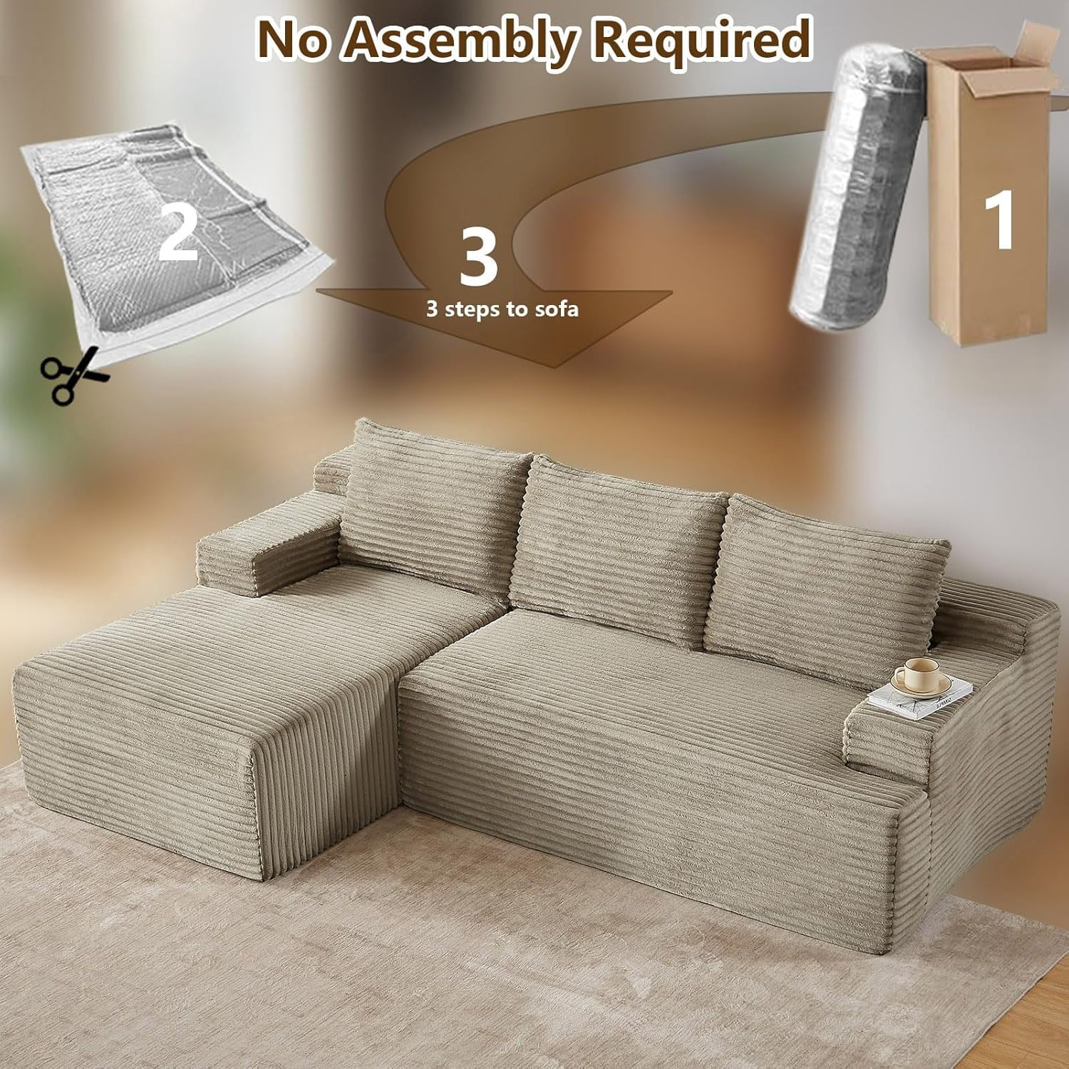 96" Boneless Cloud Couch with Chaise, Modular Sectional Sofa for Living Room, No Assembly Required, Deep Seat Corduroy Couch, Camel