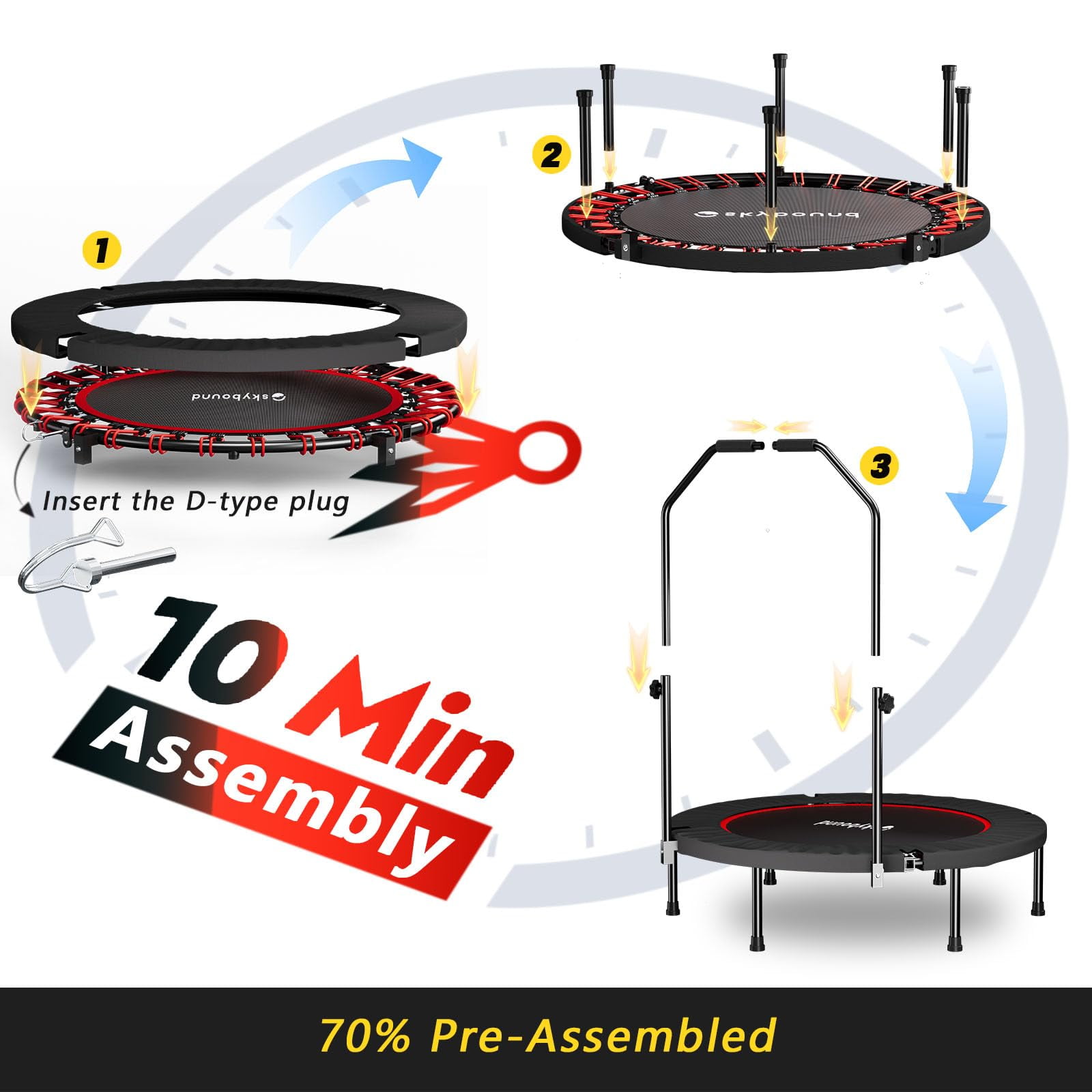 SkyBound Foldable Mini Trampoline Fitness Rebounder Quiet Bungees U-Shape Adjustable Foam Handle