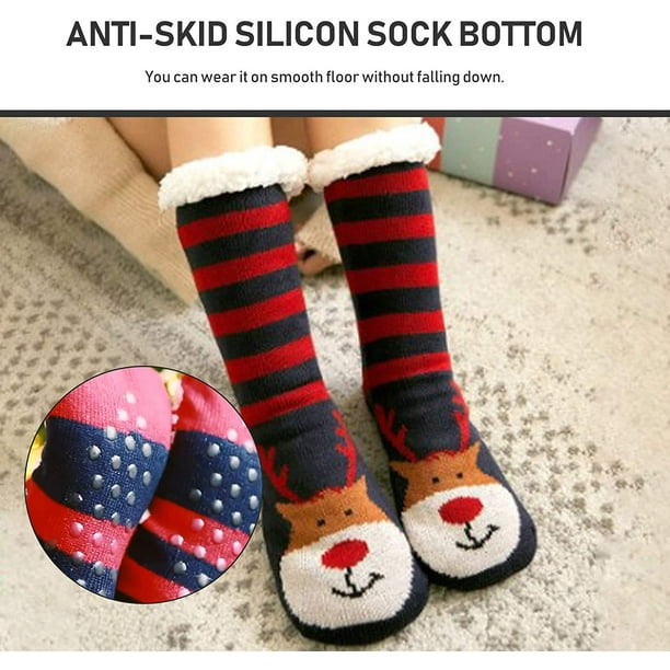 Women Socks,Women Slipper Socks Santa Deer Thick Fleece Lining Knit Animal  AntiSlip Christmas Stockings Warm Cozy Fuzzy Home Socks 