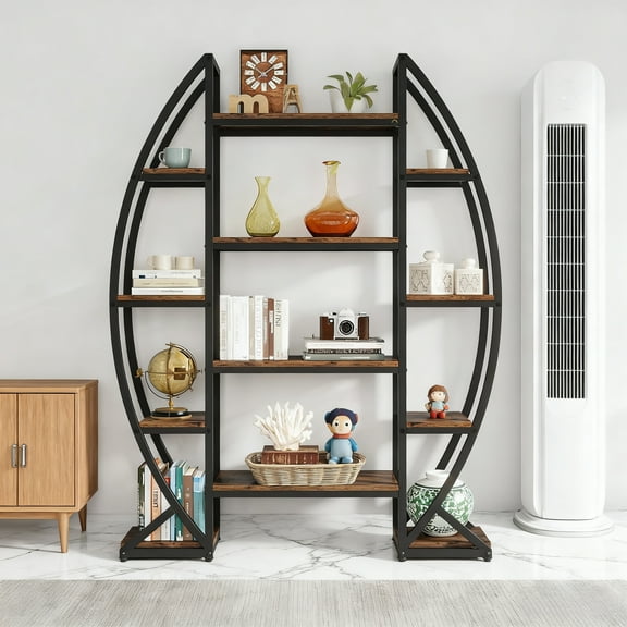 8-Tier 12-Shelf Curved Metal Plant Stand, 69” Tall Industrial Half-Moon Flower Pot Rack, Indoor Brown Storage Shelf for Living Room, Balcony, Patio