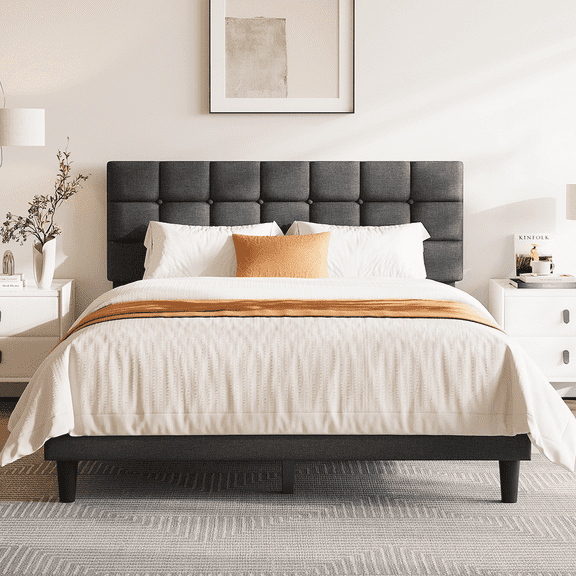 Yaheetech Queen Size Upholstered Platform Bed with Square Tufted Headboard, Dark Gray