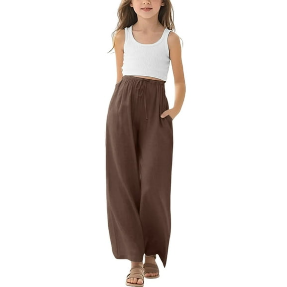 Mercatoo Girls Wide Leg Pants, Lightweight Pull-On Elastic Waist Trousers, Breezy Summer Casual Bottoms for Beach and Vacation