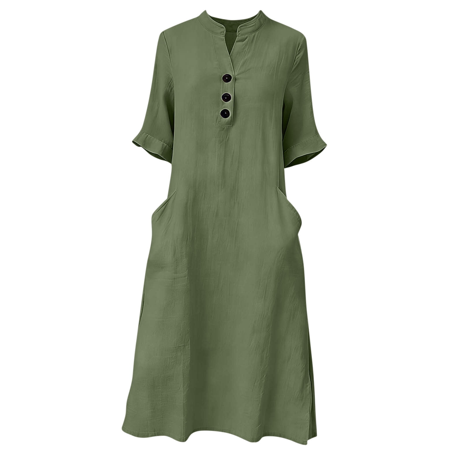 3/4 Sleeve Linen Midi Dress for Women Summer Loose Button Up Stand Collar A-Line Beach Vacation Dresses with Pockets