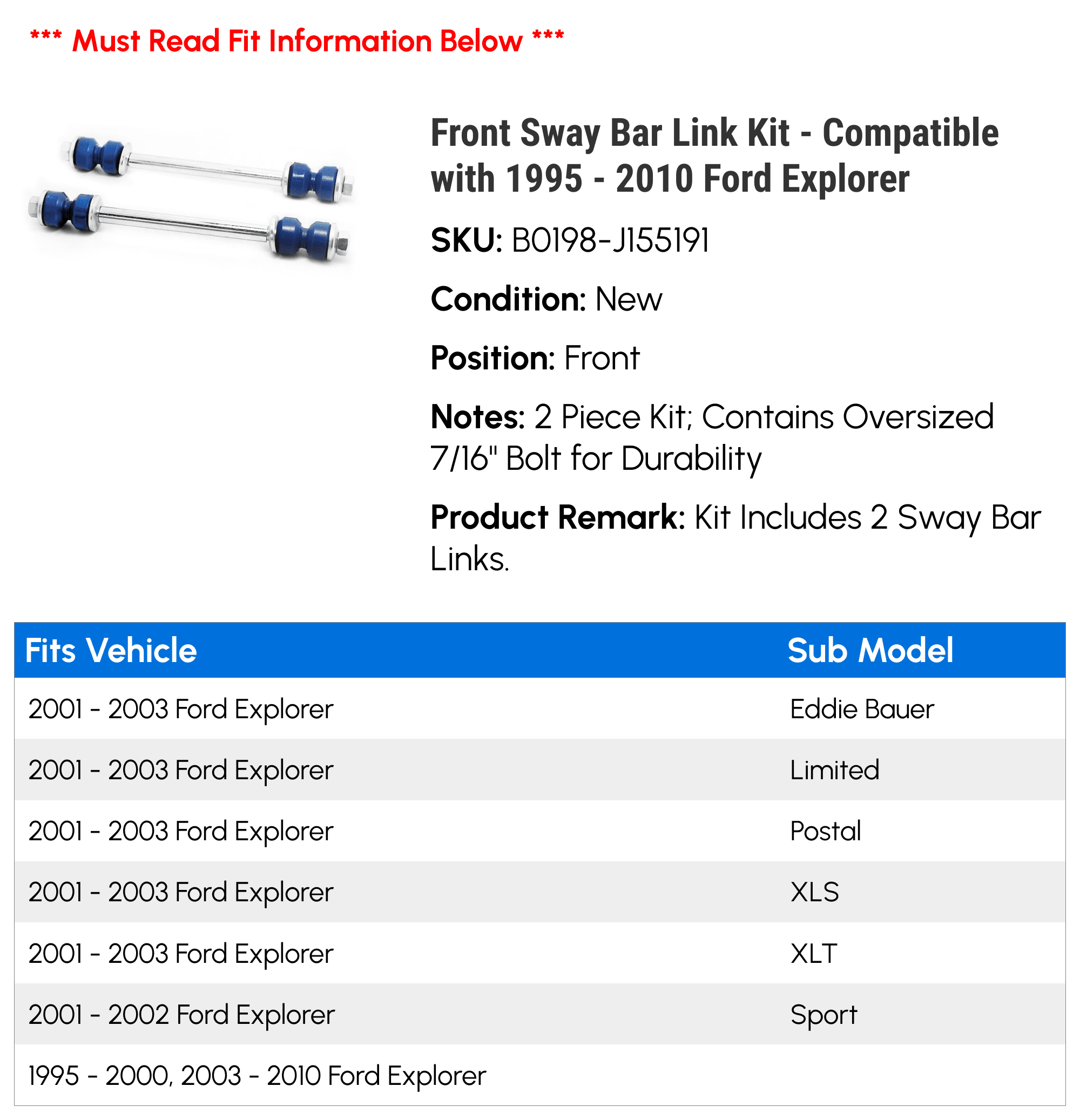 Front Sway Bar Link Kit - Compatible with 1995 - 2010 Ford Explorer - Replacement