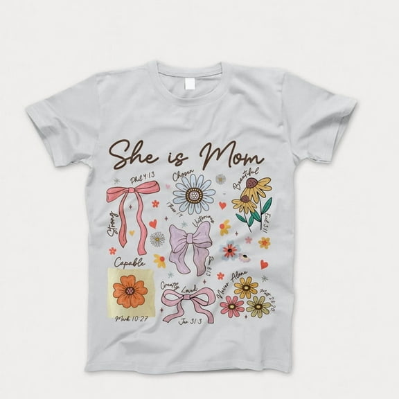 She is Mom Coquette T-Shirt, Christian Mama Tshirt, Boho Floral Mama Shirt, Mother’s Day Gift Shirt, Wildflower Mama Bible Verses, Gifts for Mother