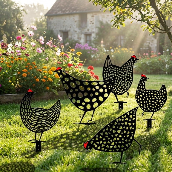 5 Pack Metal Chicken Yard Art Garden Decorative Stake Hollow Out Rooster Animals Silhouette Statue Decor, Pathway, Floor, Garden, Lawn, Outdoor Decoration