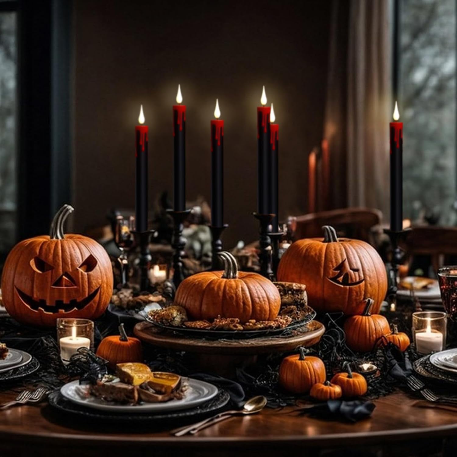 Halloween Black Flameless Taper Candles with Remote Timer, 6Pcs Red Drip LED Candlesticks with 3D Flickering Flame for Home Fall Indoor Halloween Decor(0.78 x 8.9 Inches)