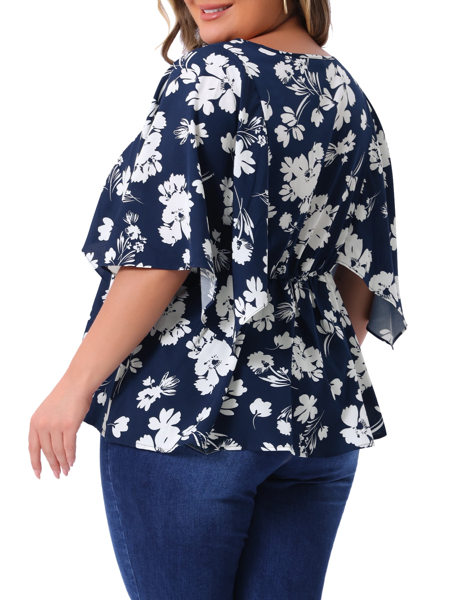 DARING DIVA Women's Plus Floral Flowy Sleeve Chiffon Blouses 3X Navy Blue