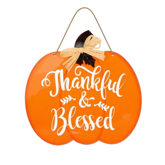 Thankful & Blessed Pumpkin Sign, Fall Harvest Thanksgiving Wooden Door Hanger, Rustic Farmhouse Pumpkin Wall Plaque, Autumn Front Porch Hanging Decor