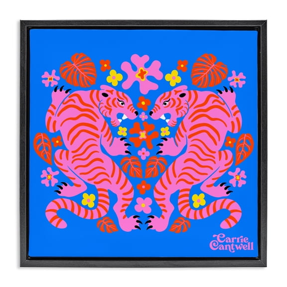 Stupell Industries Eclectic Pink Tigers and Monstera Black Floating Frame Canvas Art, 18 x 18, by Carrie Cantwell