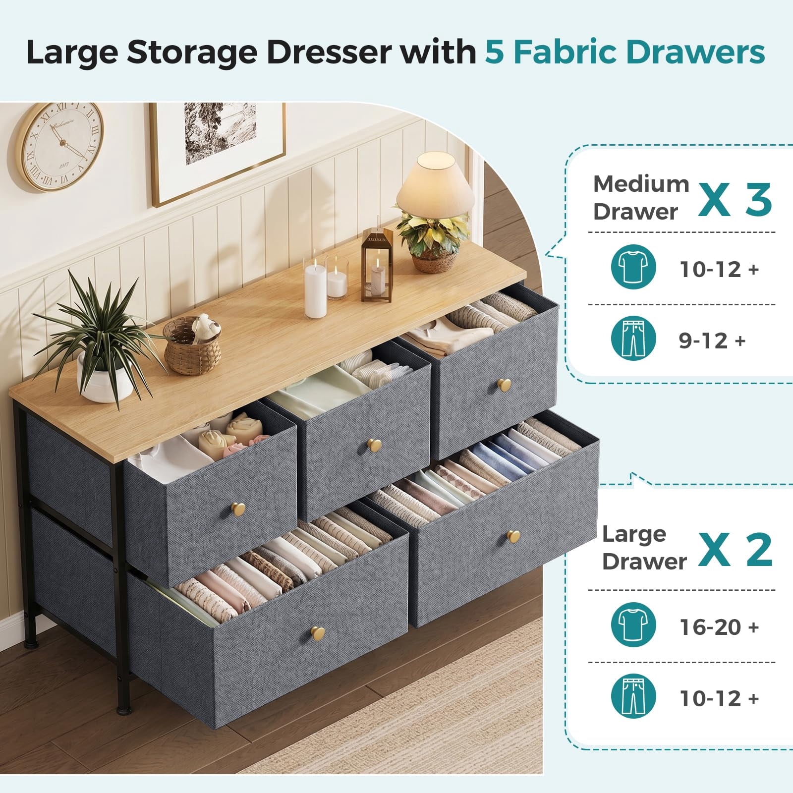 Telyra 5-Drawer Fabric Dresser TV Stand Organizer with Wood Top and Metal Frame, Greyish Blue