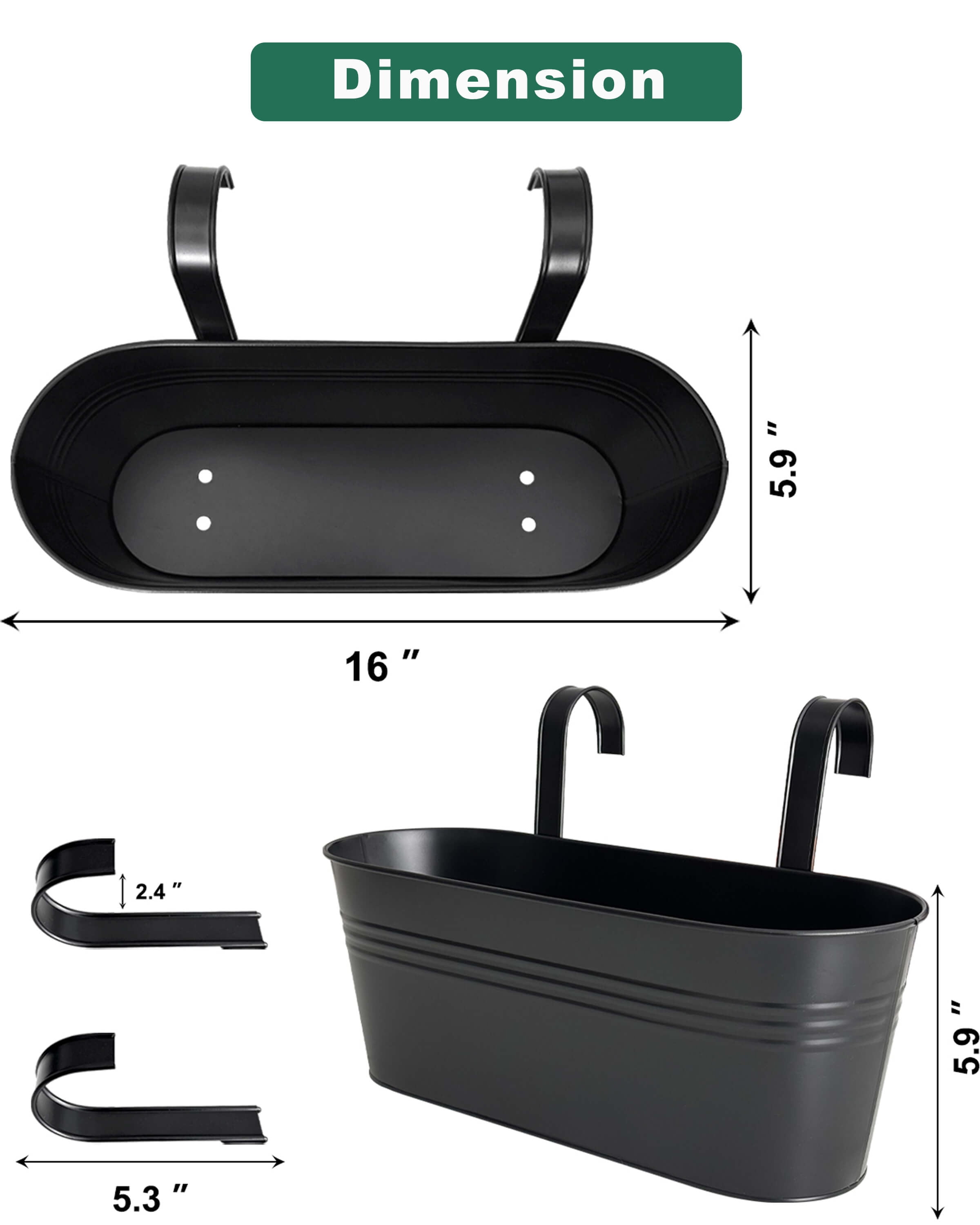 Metal Railing Planter for Outdoor Plants - 3 Pack 16 Inch Balcony Hanging Planter Box with Detachable Hooks and Drain Holes Oval Hanging Pots Fence Planters for Railing Garden Fence, Black
