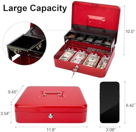 Cash Box with Money Tray and Lock -Red Cash Box with Key Lock Safe Money Box Large, Locking Cash Register Drawer Box for Money, 11.8'' x 9.5'' x 3.5'', SM-CB005RED