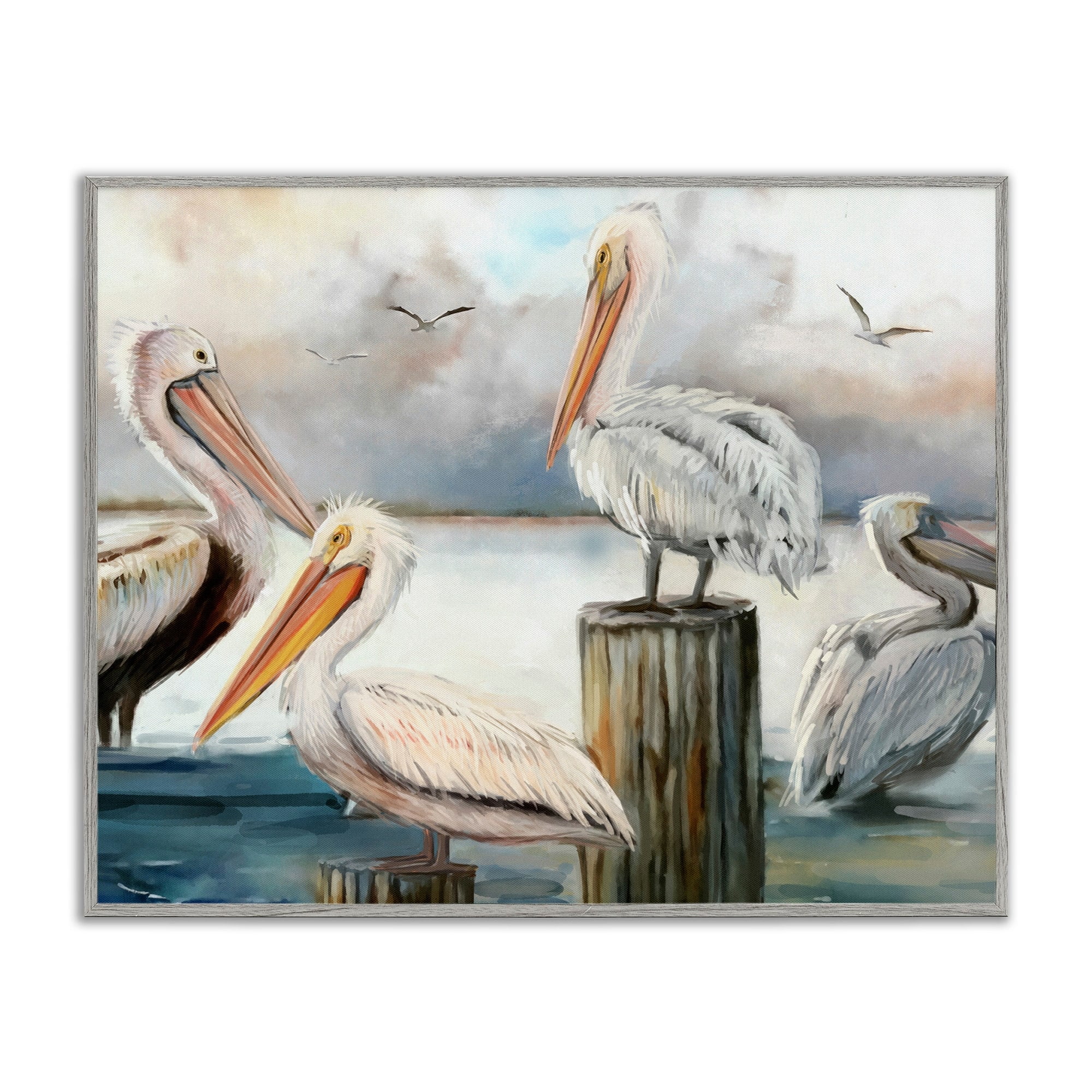 Stupell Industries Pelicans Perched Cloudy Horizon Coastal Painting Gray Framed Art Print Wall Art
