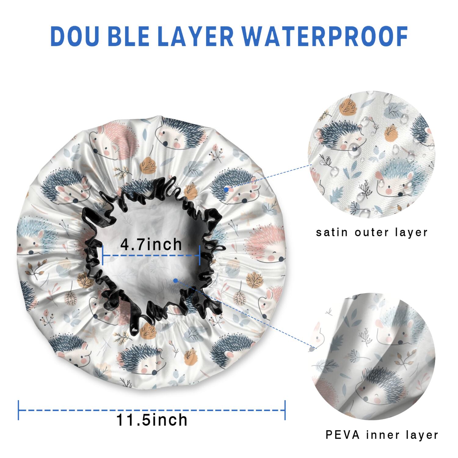Shower Caps,Cute Hedgehog Pattern Waterproof Shower Cap for Women 4 Pieces,Double Reusable Hair Cover for Shower PEVA Elastic Stretch Hem