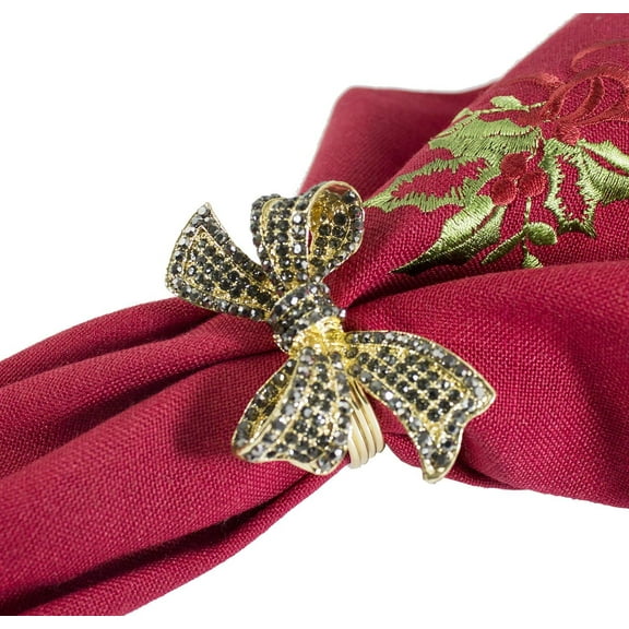 Fennco Styles Stunning Crystal Bowknot Gold-Plated Napkin Rings Wedding Holiday Table Decoration - Set of 4