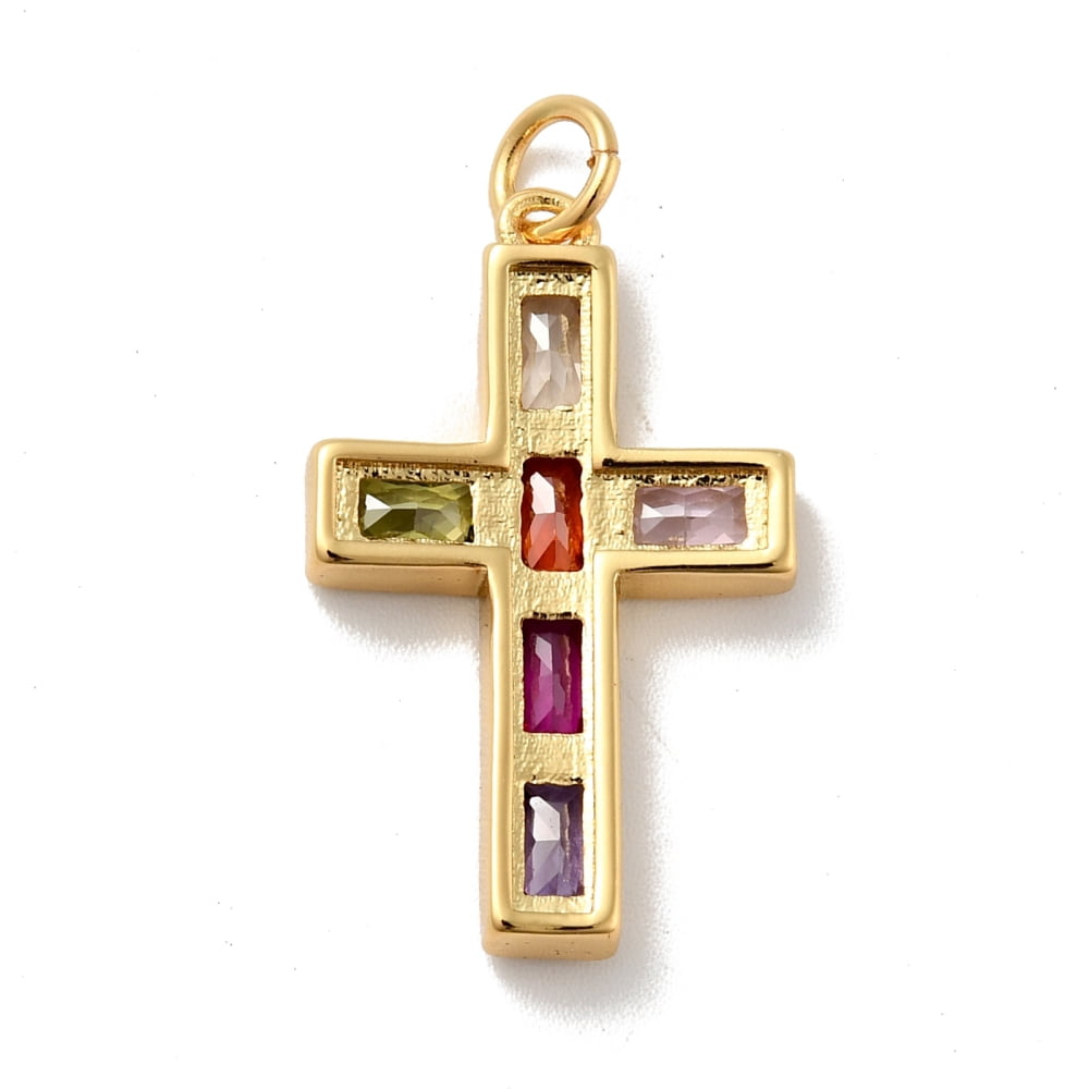 10 pc Brass Micro Pave Colorful Cubic Zirconia Pendants with Jump Rings Cadmium Free & Nickel Free & Lead Free 24.5x15x3mm Hole: 3.4mm