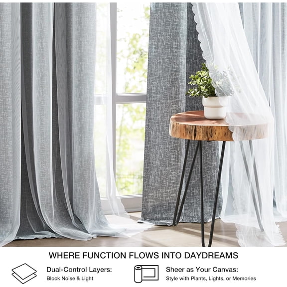 Ombre Full Blackout Curtains with Sheer Overlay Mix and Match Double Layer Drapes Gray White 90 Inch Long Soundproof Grommet Window Treament for Bedroom Living Room Nursery, 2 Panels, 52"x90"