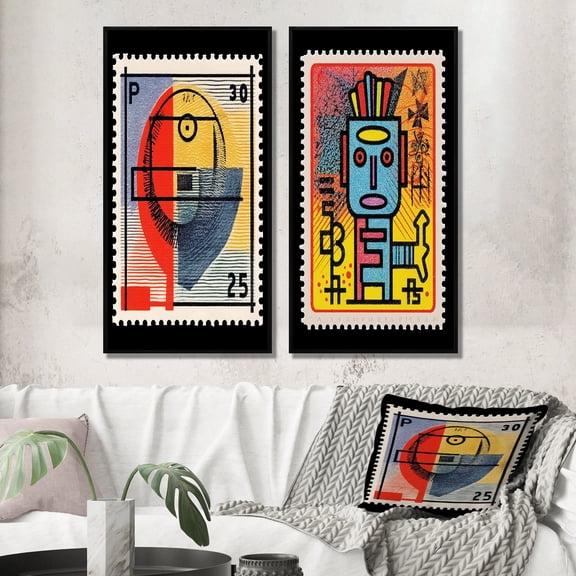 Designart "Retro Stamp Homage to Keith's Geometrics" Transitional Framed Wall Art Set Of 2 - Abstract Yellow Frame Gallery Set For Office Decor