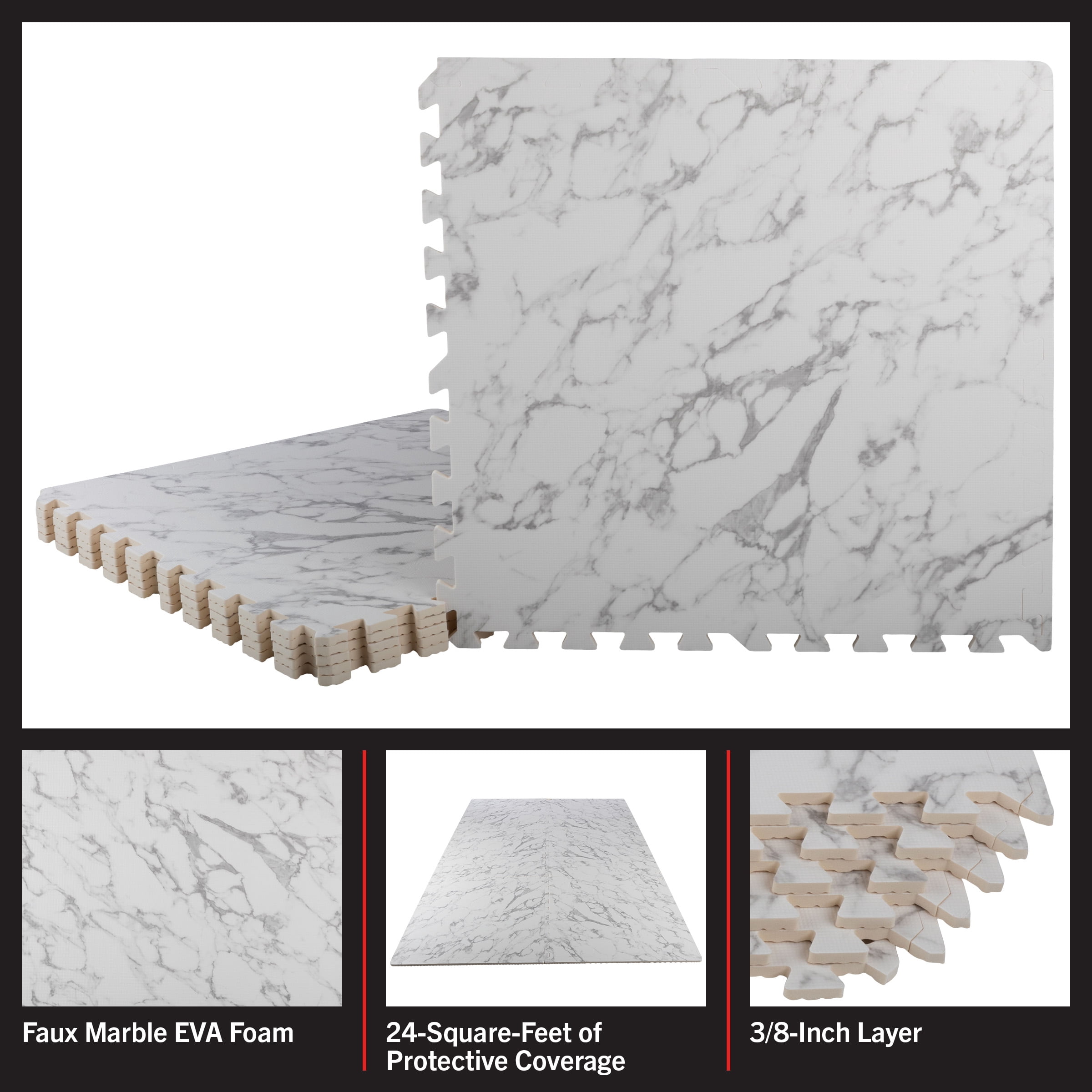 Stalwart Foam Floor Tiles - 24sqft Baby Play Mat or Gym Flooring, Marble